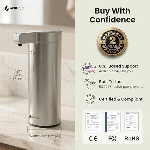 GentleJet SmoothDrop Automatic Liquid Soap Dispenser Touchless, No-Drip Precision Pump, USB-C Rechargeable, 304 Stainless Steel, Waterproof Countertop Dispenser for Kitchen & Bathroom Sink, 270 ml - color: Silver