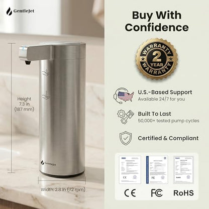 GentleJet SmoothDrop Automatic Liquid Soap Dispenser Touchless, No-Drip Precision Pump, USB-C Rechargeable, 304 Stainless Steel, Waterproof Countertop Dispenser for Kitchen & Bathroom Sink, 270 ml - color: Silver