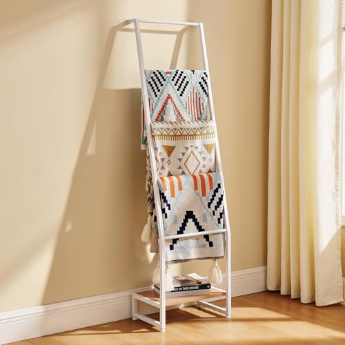 DGWJSU Blanket Ladder, 5 Tier Ladder Shelf,Wooden Blanket Ladders for Living Room and Bedroom, 5.2ft Blanket Holder Rack Farmhouse Ladder Rack for Storage and Home Decor (White) - color: White