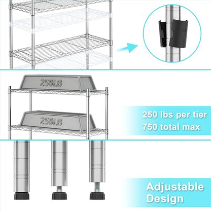 Auslar 3-Tier Heavy Duty Wire Shelving, Adjustable Storage Rack, Chrome | 14"D x 36"W x 36"H, Metal Standing Shelving Units, 750 lbs Capacity, for Garage Kitchen Pantry Basement Bathroom Laundry - size: 3 Tier