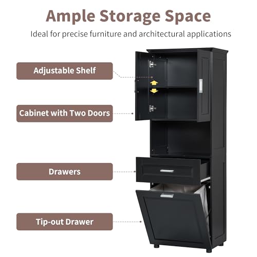 JIVOIT 70" H Tall Bathroom Cabinet with Laundry Basket, Double Cabinets with Doors and Open Storage Space, Tilt-Out Laundry Hamper and Upper Storage Cabinet (Black * 102) - color: Black * 102