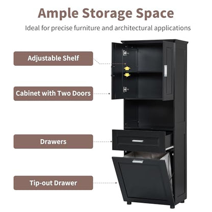 JIVOIT 70" H Tall Bathroom Cabinet with Laundry Basket, Double Cabinets with Doors and Open Storage Space, Tilt-Out Laundry Hamper and Upper Storage Cabinet (Black * 102) - color: Black * 102