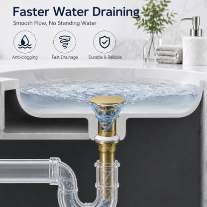 Metal Pop Up Bathroom Sink Drain with Overflow, Brushed Gold Vessel Sink Drain Assembly with Detachable Basket Stopper, Anti-Clogging Drain Strainer