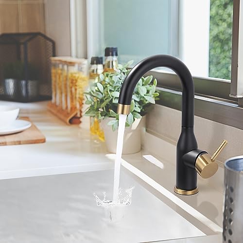 WOWOW Black and Gold Modern Single Handle Bar Faucet, 1 Hole, 360 Swivel, RV Sink Faucet, Mini Bar Tap with Water Supply Hoses - color: Black and Gold