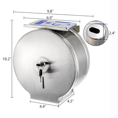 Commercial Jumbo Toilet Paper Dispenser with Shelf, Wall Mount Stainless Steel 9 Inch Roll Toilet Paper Holder, Brushed Touchless Toilet Tissue Dispenser with Lock Key for Restroom Bathroom