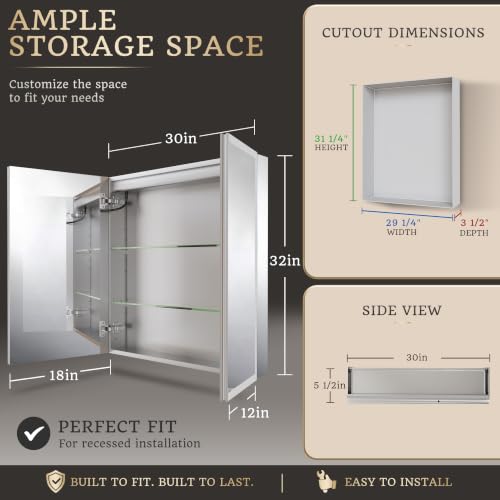 30x32 Lighted Medicine Cabinet, Separate Front & Back Lights | Surface/Recessed LED Medicine Cabinet for Bathroom with Side Mirrors, Dimmable Light, Anti-Fog, Memory,Silver Aluminum Frame - size: 30" x 32"