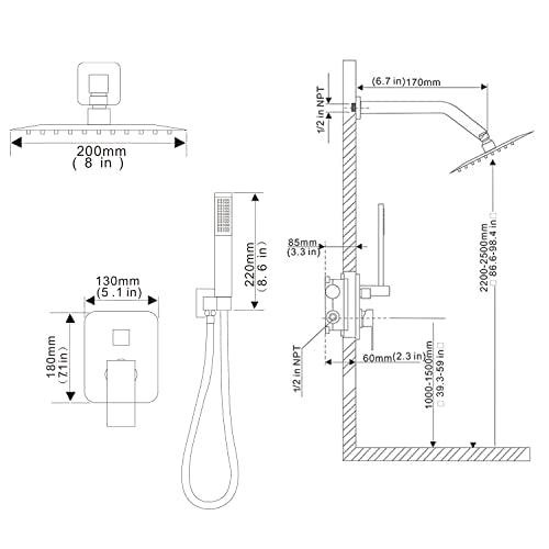 Shower Faucet Set 8 Inch Rainfall Shower Head and Handheld Shower High Pressure Rainfall Shower Head System Shower Faucet Set with Valve and Trim - color: Brushed Nickel, style: 8"- 2 Function