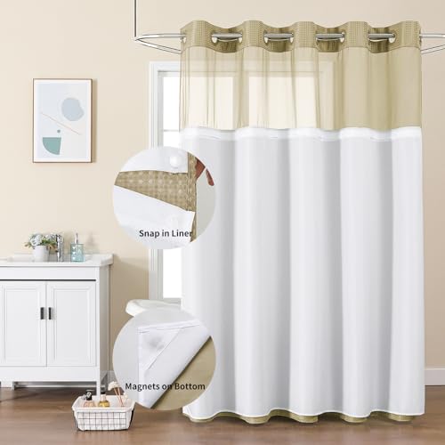 Colorful Star No Hook Shower Curtain with Snap in Fabric Liner, Waffle Weave Heavy Duty Thick Shower Curtains with Mesh Top Window, Hotel Style Waterproof Bathroom Curtain Set, 72 x 87 Inch, Beige - color: Beige, size: 72"W x 87"L (Pack of 1)