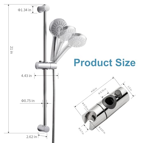 OFFO Shower Slide Bar Combo, Adjustable 21 in Slide Bar with 3-Mode Round Handheld Shower Head and 60 in Stainless Steel Hose, Screw Wall Mounted, Chrome Finish - style: Round 21" Slide Bar & 60" Hose