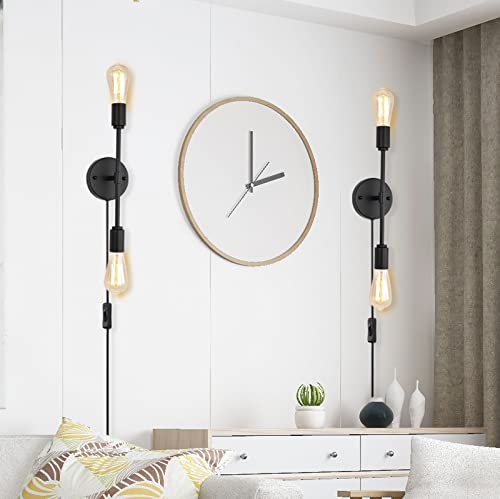Black 2 Light Plug in Wall Sconce Set of 2 for Bathroom Farmhouse | 2-in-1 plug in hardwire wall sconce with on off switch cord 2 pack black industrial lamp fits E26 bulbs for indoor use