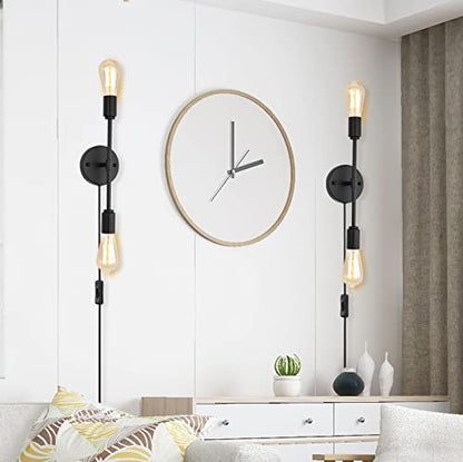 Black 2 Light Plug in Wall Sconce Set of 2 for Bathroom Farmhouse | 2-in-1 plug in hardwire wall sconce with on off switch cord 2 pack black industrial lamp fits E26 bulbs for indoor use