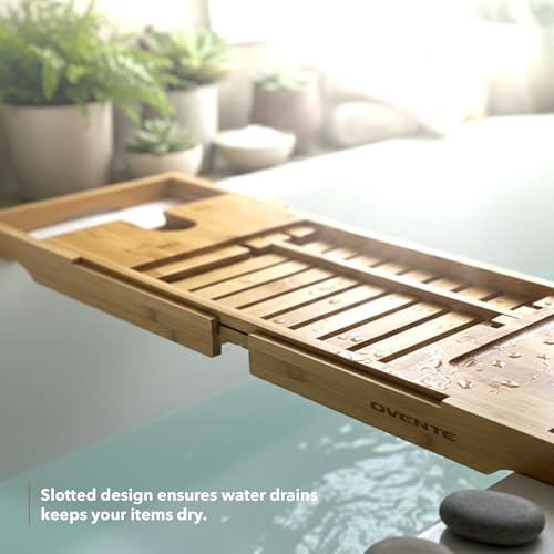 OVENTE Expandable Bamboo Bathtub Tray Caddy, Foldable Bath Tray, BTC20228 | With Book, Tablet, Phone & Wine Glass Holders, Bathroom Accessories & Home Spa Essentials, Easy to Store, Great Gift Idea
