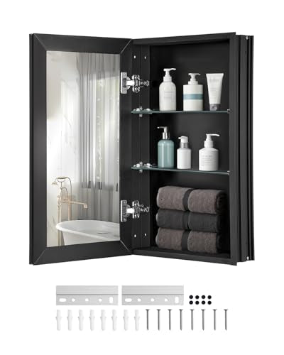 VEVOR Medicine Cabinet, 14 x 24 inches, Medicine Cabinet for Bathroom with Mirror, Aluminum Frame Bathroom Wall Cabinet, 2-Layer Adjustable Shelves, Recessed & Wall-Mounted Installation - size: 14x24in