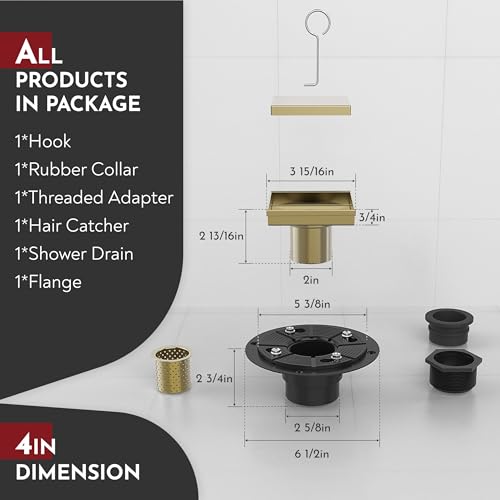 4 Inch Square Shower Drain Gold Floor Drain with Flange Reversible 2-in-1 Cover Tile Insert Grate Removable SUS304 Stainless Steel CUPC Certified Brushed Gold - color: Brushed Gold, size: 4 Inch