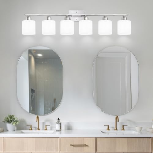 Large Bathroom Vanity Light Fixture, 6 Light Anti-Rust Finish with Milky White Frosted Glass Shades, 38 Inch Bath Light Above Mirror Light Fixture - color: Nickel & Milky White Glass, size: 6-Light
