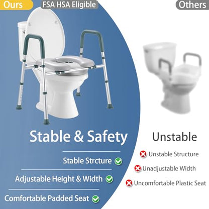 Raised Toilet Seat with Handles, FSA HSA Eligible Toilet Seat Riser for Seniors with Adjustable Height & Width, 400lb Padded Elevated Toilet Seat for Elderly, Handicap and Disabled, Fit Any Toilet