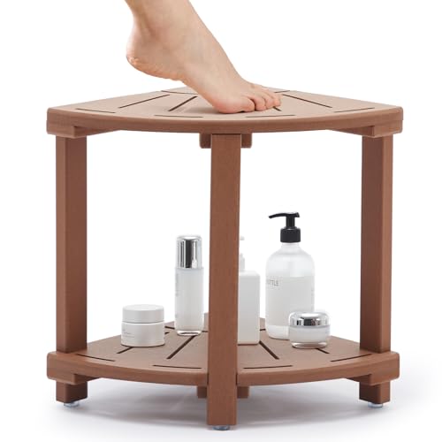 Shower Bench, Corner Shower Stool for Inside Shower and Shaving Legs, Waterproof HDPE Shower Chair Seat with Storage Shelf for Bathroom Non-Slip - color: Teak, size: 2-Tires