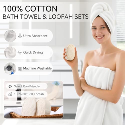 Resin White Bathroom Set, White Bathroom Accessories Set with Shower Curtain, Bath Towel Set, Natural Loofah Sponge, Soap Dispenser, Toothbrush Holder, Bathroom Tumbler and Tray for Bathroom - size: Bath Set+Shower Curtain+Towel Set+2PCS Loofah, style: Wh