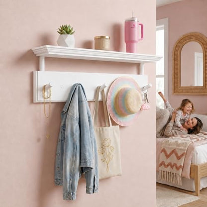 Matías Coat Rack Wall Mount with Shelf, 18 Inch Solid Wood Peg Rail, Wall Mounted Coat Rack with 5 Hooks, Wall Mount Shelf for Entryway, Bathroom or Bedroom (White) - color: White