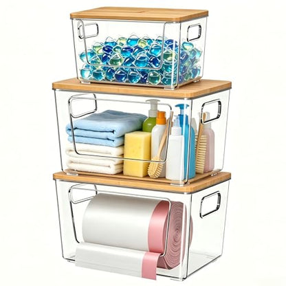 spospo 3 Pack Trash Bag Holder with Bamboo Lid Stackable Trashbag Dispenser | Extra Large Garbage Bag Holder for Kitchen Laundry Room Under Sink Organization and Storage - size: 3 Pack