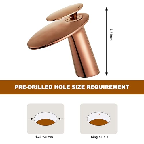 Rose Gold Waterfall Bathroom Sink Faucet and Pop Up Drain Assembly - color: Rose Gold, size: Short Body