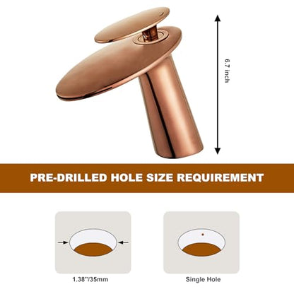 Rose Gold Waterfall Bathroom Sink Faucet and Pop Up Drain Assembly - color: Rose Gold, size: Short Body