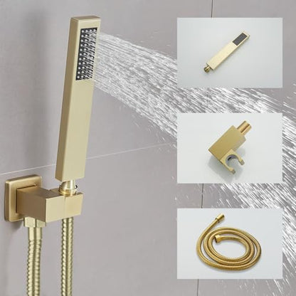 Brushed Gold Shower System 8 Inch Bathroom Luxury Rain Mixer Shower Combo Set Wall Mounted Rainfall Shower Head and Handheld System Shower Faucet Set Rough-in Valve Body and Trim Kit - color: Brushed Gold, size: 8 Inch