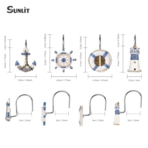 Sunlit Nautical Shower Curtain Hooks, Home Decorative Coastal Shower Curtain Rings for Bathroom, Resin, Ocean Shower Curtain Hanger Hooks for Living Room, Set of 12, Blue Nautical Set - size: Nautical Set