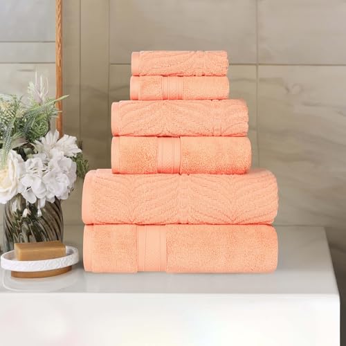 SUPERIOR Cotton Chevron 6-Piece Towel Set, Zero Twist, Quick Dry, Home Essentials, Shower, Spa, Luxury Plush Soft Absorbent Towels, Includes 2 Bath, 2 Hand, 2 Washcloth/Face Towels, Peach - color: Peach, size: 6 Piece Towel Set (Solid + Jacquard)