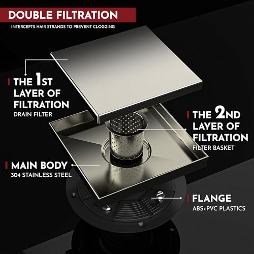 6 Inch Square Shower Drain Nickel Floor Drain with Flange Reversible 2-in-1 Cover Tile Insert Grate Removable SUS304 Stainless Steel CUPC Certified Brushed Nickel - color: Brushed Nickel, size: 6 Inch