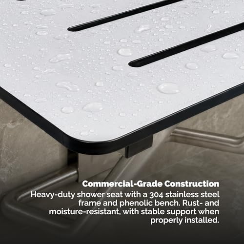 Phenolic Folding Shower Seat, White, 400 lb, 18 in x 16 in | Handicap Shower Bench Seating for the Elderly and Disabled, ADA Compliant Foldable Bath Seat, Heavy Duty Steel Frame, 400 lbs