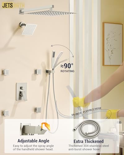 Dual Rainfall Shower Head System with 4 Body Jets, JetsBath Shower Faucet Set Double Shower Head 6-Inch Shower Head & 12” Rain Shower,Luxury Brushed Nickel Shower Faucet Set,Wall-Mounted Shower System - color: Brushed Nickel