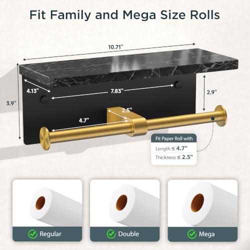 FORIOUS Toilet Paper Holder with Shelf, Commercial Toilet Paper Dispensers | Brushed Gold | Wall Mount Bathroom Tissue Holder | SUS304 Stainless Steel Rustproof | Double Tissue Roll Holder - color: Black & Gold-marble