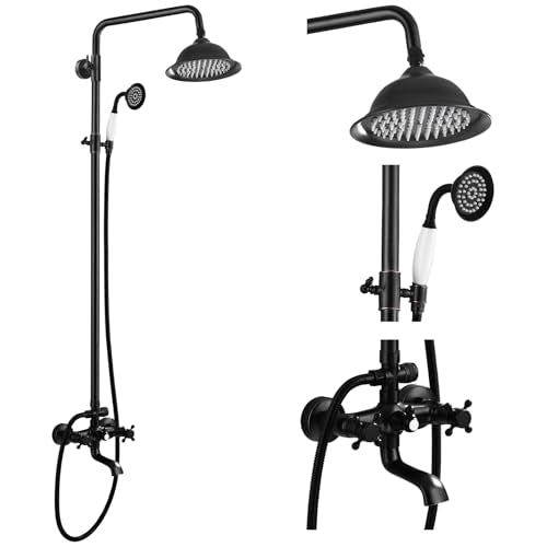 gotonovo Exposed Shower System with Spout,Oil Rubbed Bronze,No Shower Shelf | Brass Shower Faucet Set,8’’ Rain Head with Handheld Spray,Swivel Tub Spout,2 Cross Handle,6’’ Hole Distance,Adjustable Height - color: Bronze