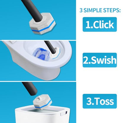 Disposable Toilet Brush with 50 Cleaner Refills Pads，Wall Mounted Toilet Bowl Holder Set，Toilet Cleaning System Starter Kit，Bathroom Cleaning System for Sink Bathtub Wash Basin