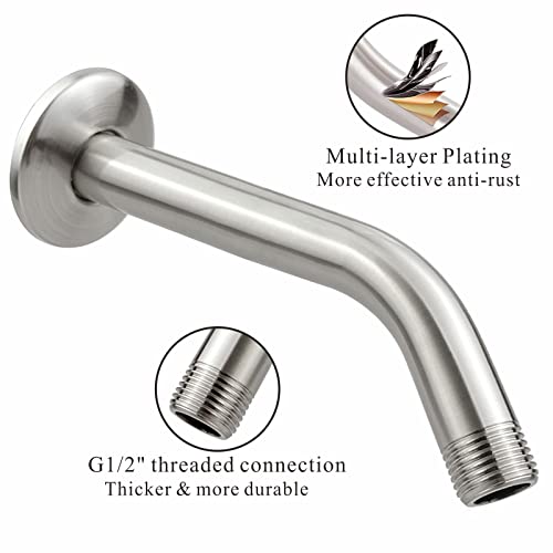 Voolan Shower Arm with Flange and Teflon Tape, Extension Shower Head Arm for Bathroom Fixed Shower Head, Solid Stainless Steel, Wall Mounted (8 Inch,Brushed Nickel) - color: Brushed Nickel, style: 8 Inch