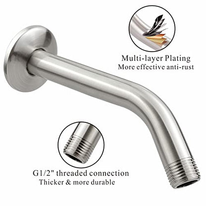 Voolan Shower Arm with Flange and Teflon Tape, Extension Shower Head Arm for Bathroom Fixed Shower Head, Solid Stainless Steel, Wall Mounted (8 Inch,Brushed Nickel) - color: Brushed Nickel, style: 8 Inch