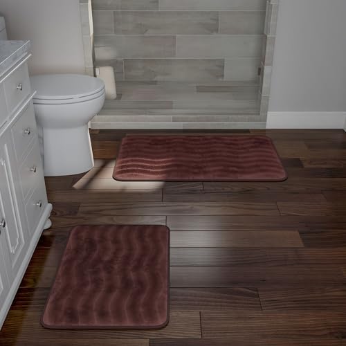 Lavish Home Bathroom Rug Set- 2-Piece Memory Foam Bath Mats-Wavy Microfiber Top-Non-Slip Absorbent Runner for Shower, Tub, Sink, or Kitchen (Chocolate) - color: Chocolate