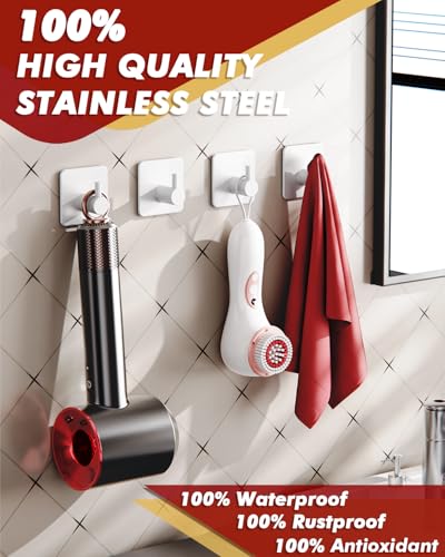 Auxmir Heavy Duty Adhesive Hooks, 5 Pack Stainless Steel Hooks 22 lb, White | 22 lb max capacity, SUS304 stainless steel, no-drill installation, waterproof and rust-resistant for towels, robes and coats - color: 1.8"x1.8"-White
