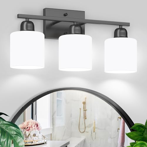 3-Light Bathroom Light Fixtures, Black Bathroom Vanity Lights with Milky White Frosted Glass Shades, Black Vanity Light for Bathroom Mirror, Bedroom, Living Room, Vanity Table, E26 Base - color: Black & Milky White Glass, size: 3-Light
