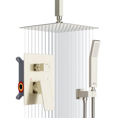 SunCleanse Rainfall Shower Faucet Set with High Pressure in Brushed Nickel | Ceiling mounted shower combo set featuring a 10" rainfall shower head, handheld spray, and rough-in shower valve. - color: Brushed Nickel, style: 10-ceiling