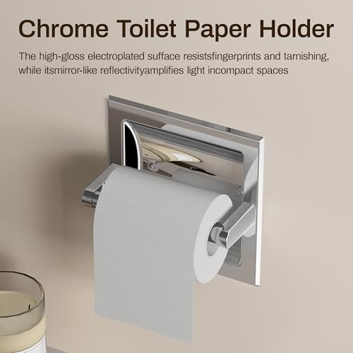 Recessed Toilet Paper Holder Polished Chrome, Pivoting Toilet Tissue Holder in Wall Made of SUS304 Stainless Steel, Space Saving Inset Tissue Roll Holder Wall Mount with Bracket - color: Polished Chrome