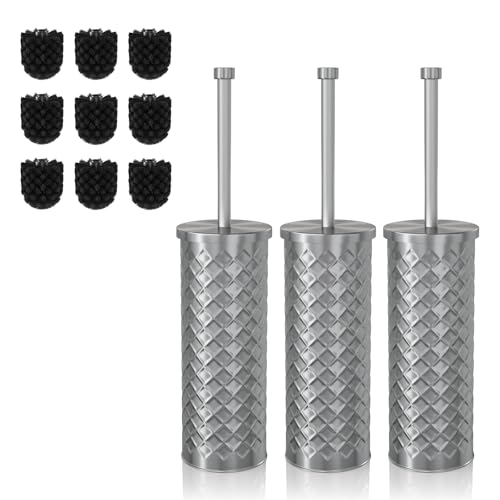 Toilet Bowl Brush and Holder Set 3 Pack with 6 Extra Brush Heads (Silver) | Extra Long Handle with Splash Guard Cover, Tool-Free Installation, Bathroom Space-Saving, Cleaner Sets for Apartments, RV - color: Silvery