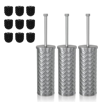 Toilet Bowl Brush and Holder Set 3 Pack with 6 Extra Brush Heads (Silver) | Extra Long Handle with Splash Guard Cover, Tool-Free Installation, Bathroom Space-Saving, Cleaner Sets for Apartments, RV - color: Silvery