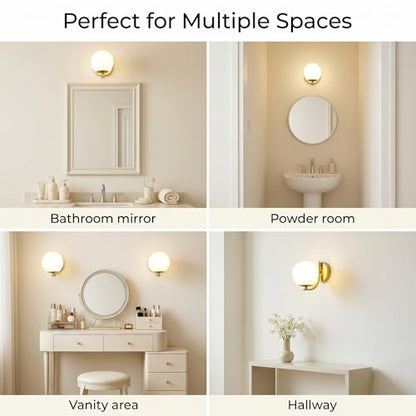 Gold Wall Sconces, Mid Century Modern with Milky Glass Globe Shade | Art Deco Wall Mounted Light Fixture, Vanity Wall Light, For Bedroom, Living Room, Hallway, Stairway - color: Gold, size: 1 Pes
