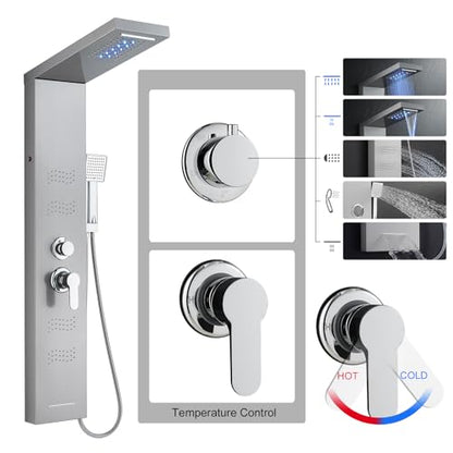 Shower Panel Tower System with LED Lights, Stainless Steel 5 in 1 Shower Panel with Rainfall Waterfall Shower Head, Body Spray, Handheld Shower, Tub Spout (Brushed) - color: Brushed Nickel -Wave Body Spray