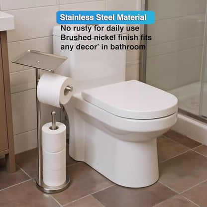 Toilet Paper Holder with Shelf, Freestanding Tissue Paper Stand with Storage Space for Extra 4 Toilet Paper Rolls (Stainless Steel Base, Brushed Nickel) - color: Brushed Nickel