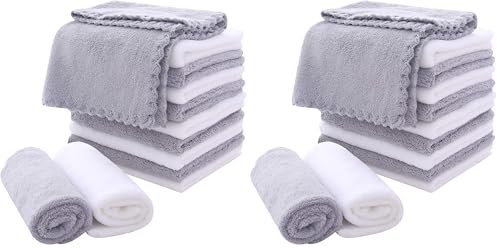 MOONQUEEN Microfiber Facial Cloths Fast Drying Washcloth 24 Pack - Premium Soft Makeup Remover Cloths - Highly Absorbent - color: White-grey, size: 12x12 Inch (Pack of 24)