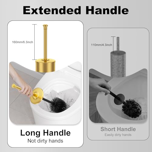 Brass Toilet Brush and Holder，Long Handled Gold Toilet Brush for Bathroom，Stainless Steel Heavy Duty Toilet Bowl Brush,Removable Inner Bowl,Deep Cleaning Dense Bristles Cleaner Brush -Space Saving - color: Brushed Brass