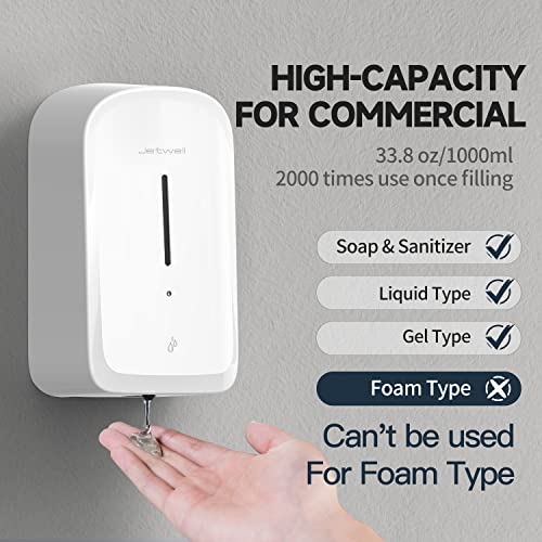 JETWELL Touchless Wall Mount White ABS Plastic Soap Dispenser 34OZ/1000ML | Large Capacity, Battery Powered, Liquid Soap, Commercial & Home Use - color: White Plastic